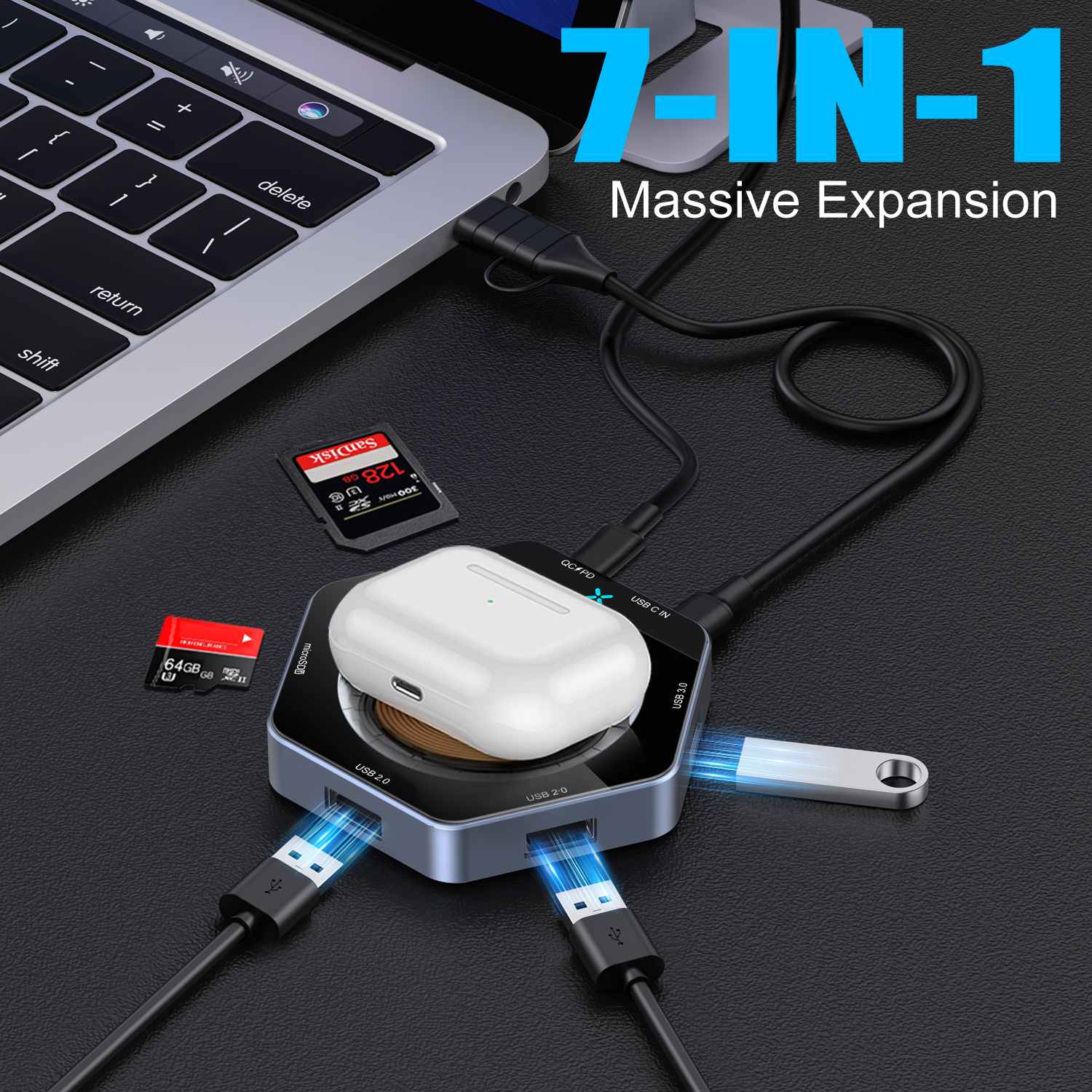 15W Sürətli şarj 7 IN1 USB Hub Dock Simsiz Şarj cihazı